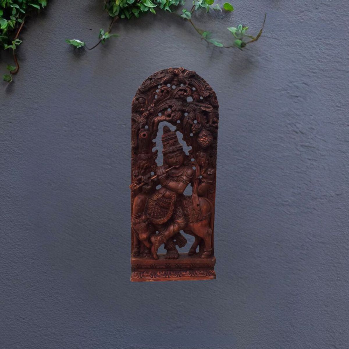 VAAGAI WOOD COW KRISHNA IDOL WITH WALL HANGING