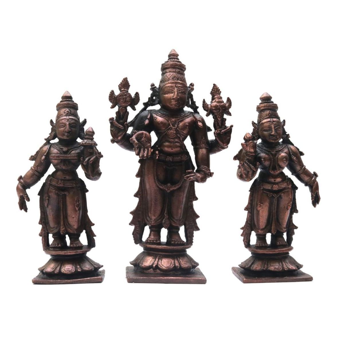 COPPER VISHNU WITH SRIDEVI BHUDEVI IDOL SET