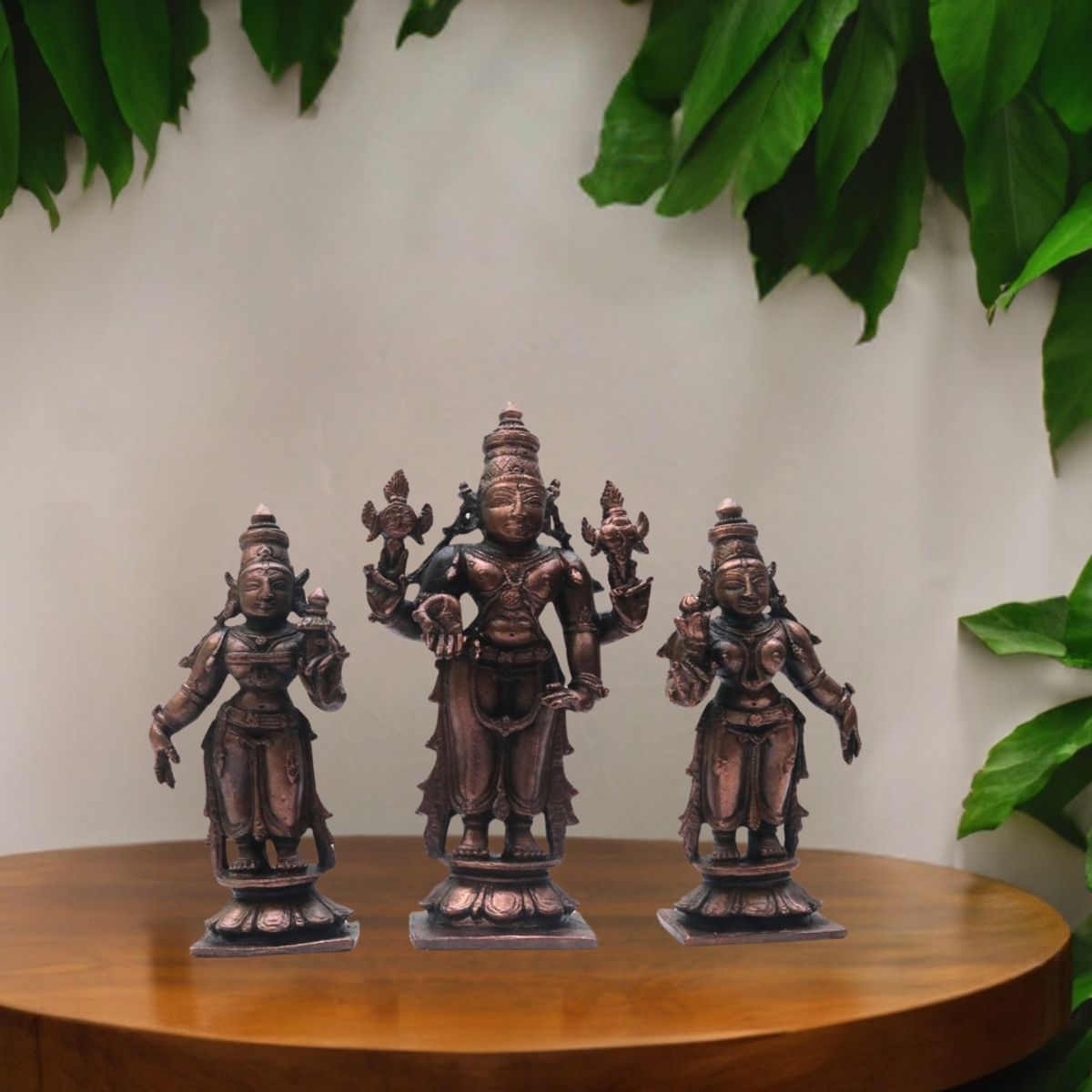 COPPER VISHNU WITH SRIDEVI BHUDEVI IDOL SET