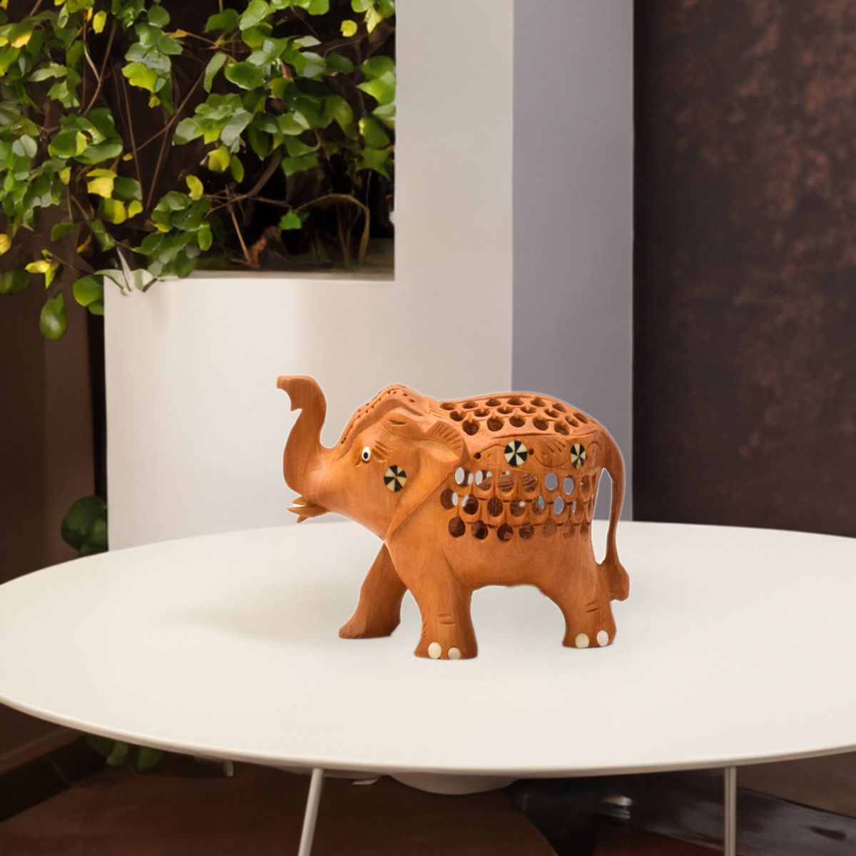 WHITE WOOD JALI ELEPHANT WITH INLAY WORK