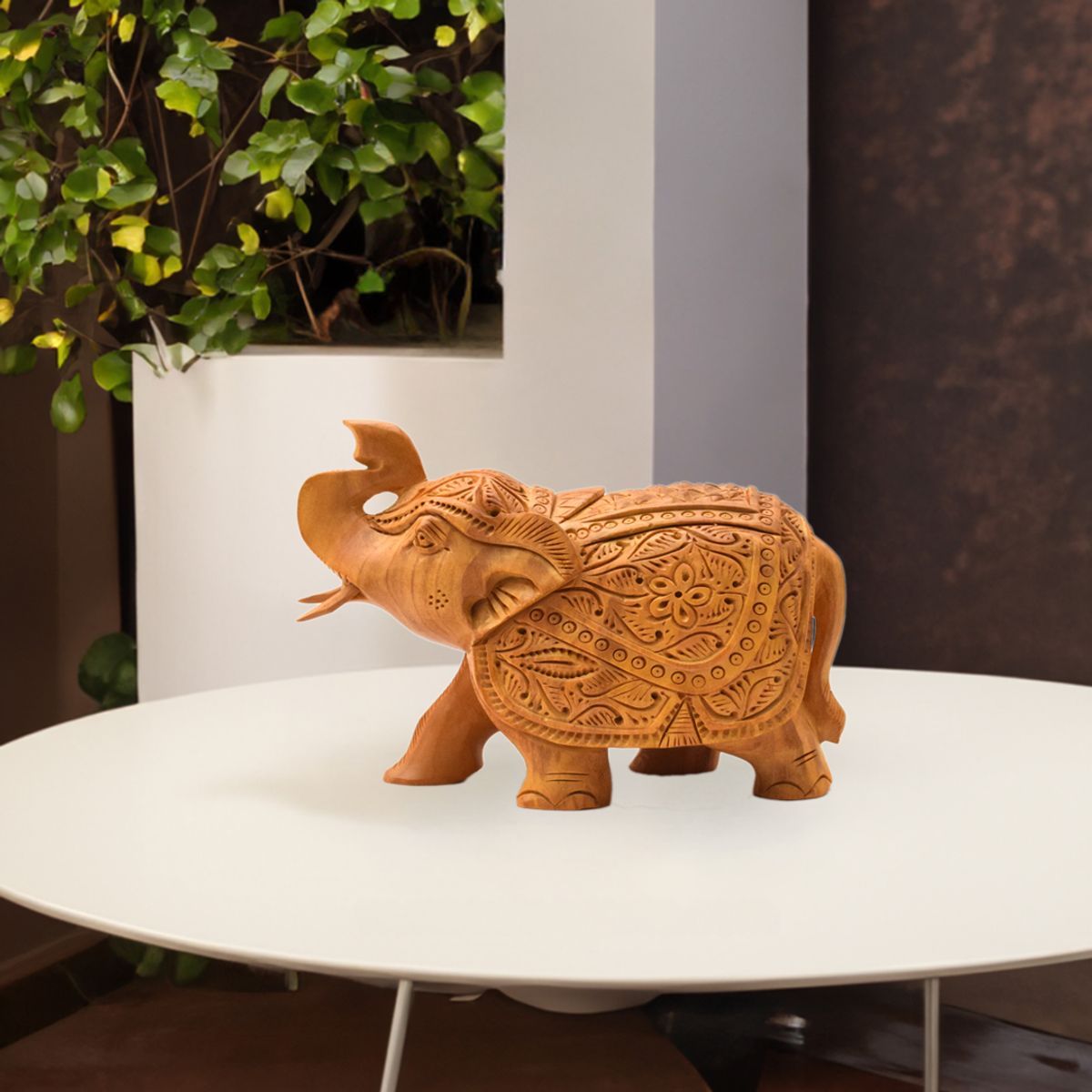 WHITE WOOD CARVING ELEPHANT