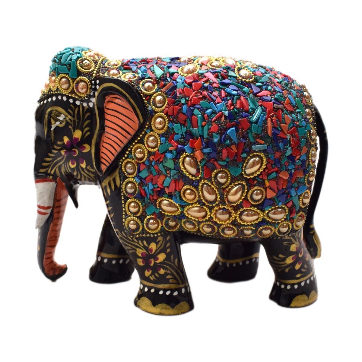 WHITE WOOD HAND PAINTED ELEPHANT WITH STONE WORK
