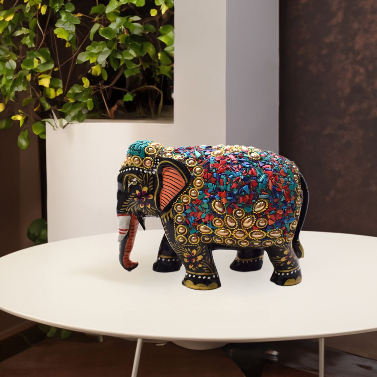 WHITE WOOD HAND PAINTED ELEPHANT WITH STONE WORK