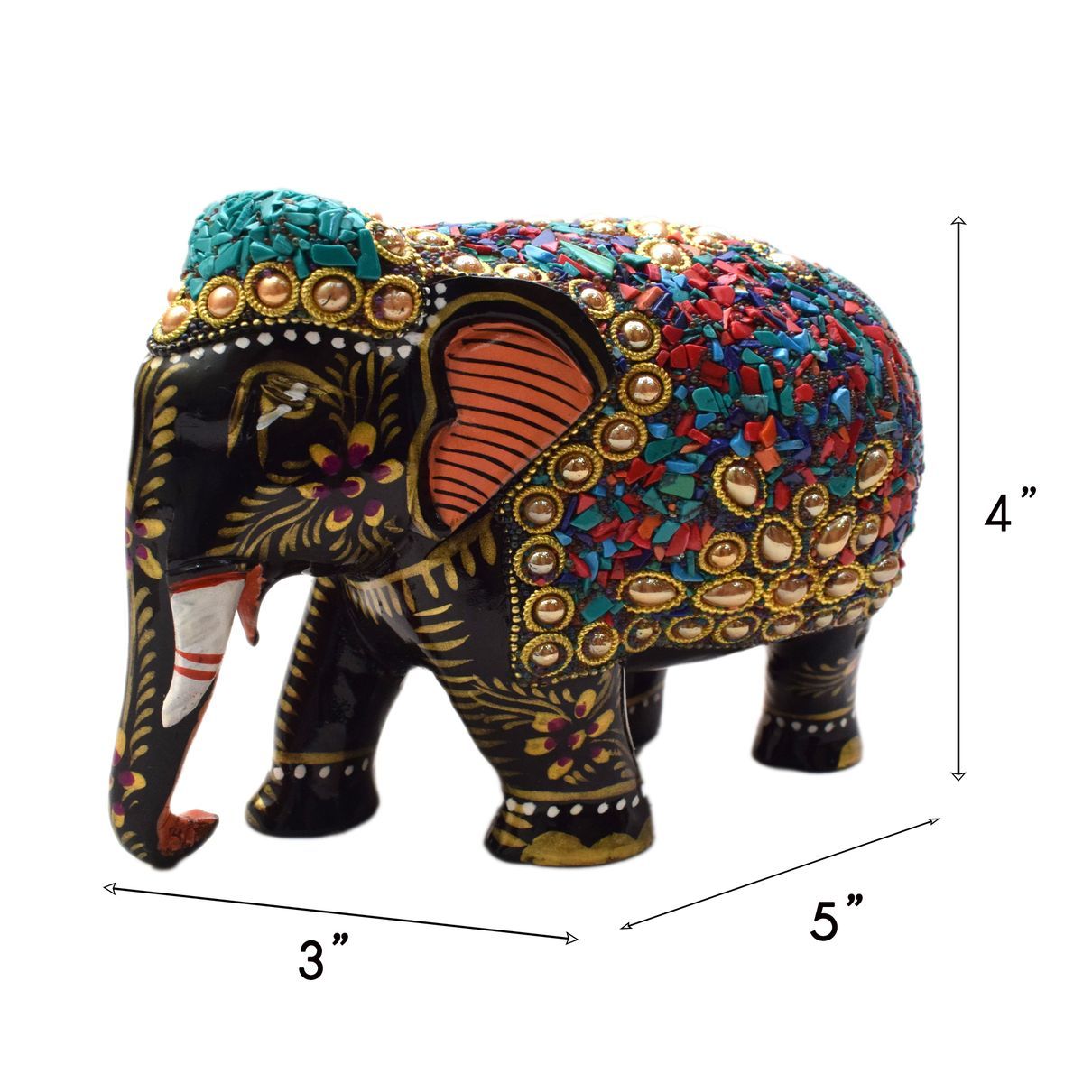 WHITE WOOD HAND PAINTED ELEPHANT WITH STONE WORK