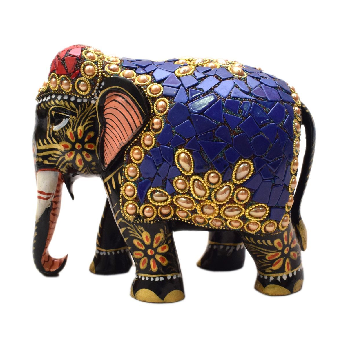WHITE WOOD HAND PAINTED ELEPHANT WITH STONE WORK