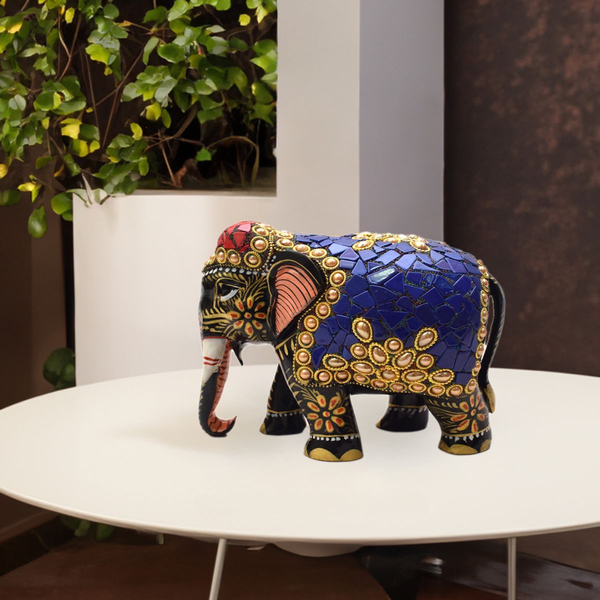 WHITE WOOD HAND PAINTED ELEPHANT WITH STONE WORK