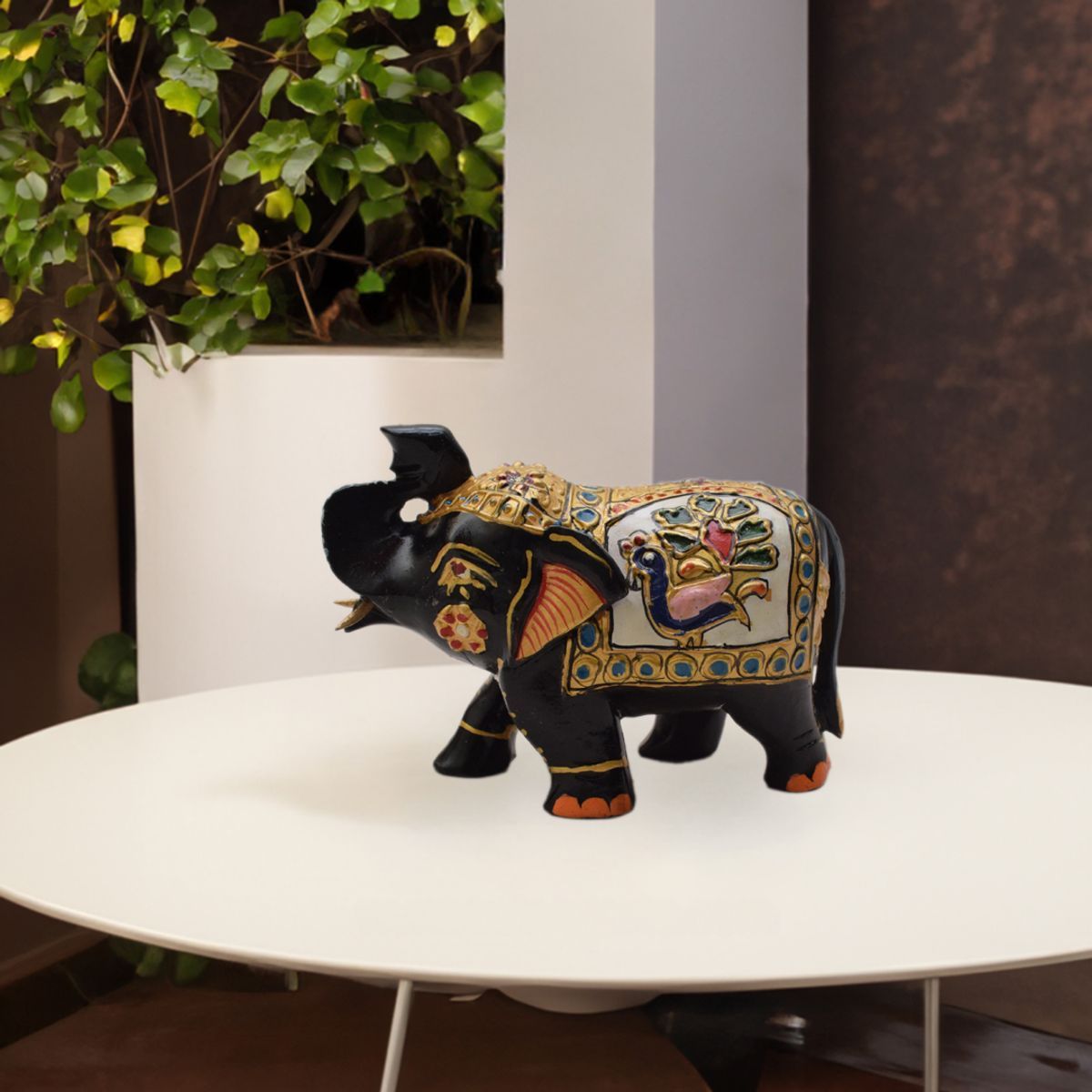 WHITE WOOD HAND PAINTED ELEPHANT