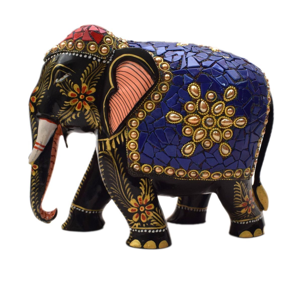 WHITE WOOD HAND PAINTED ELEPHANT WITH STONE WORK