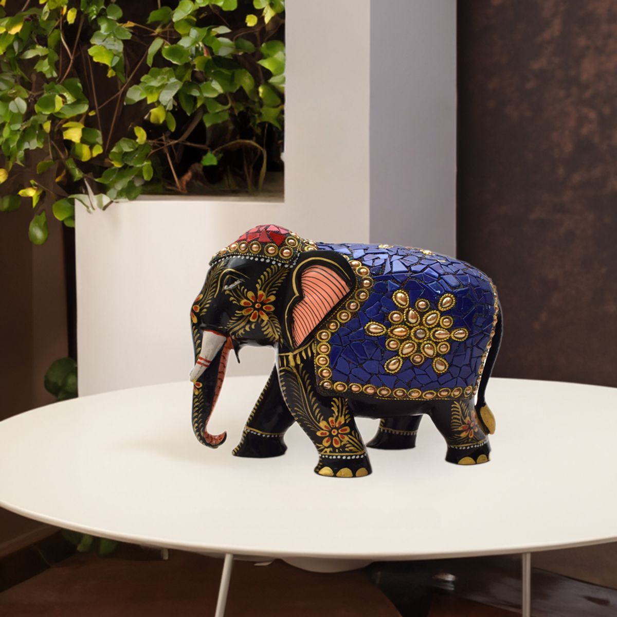 WHITE WOOD HAND PAINTED ELEPHANT WITH STONE WORK
