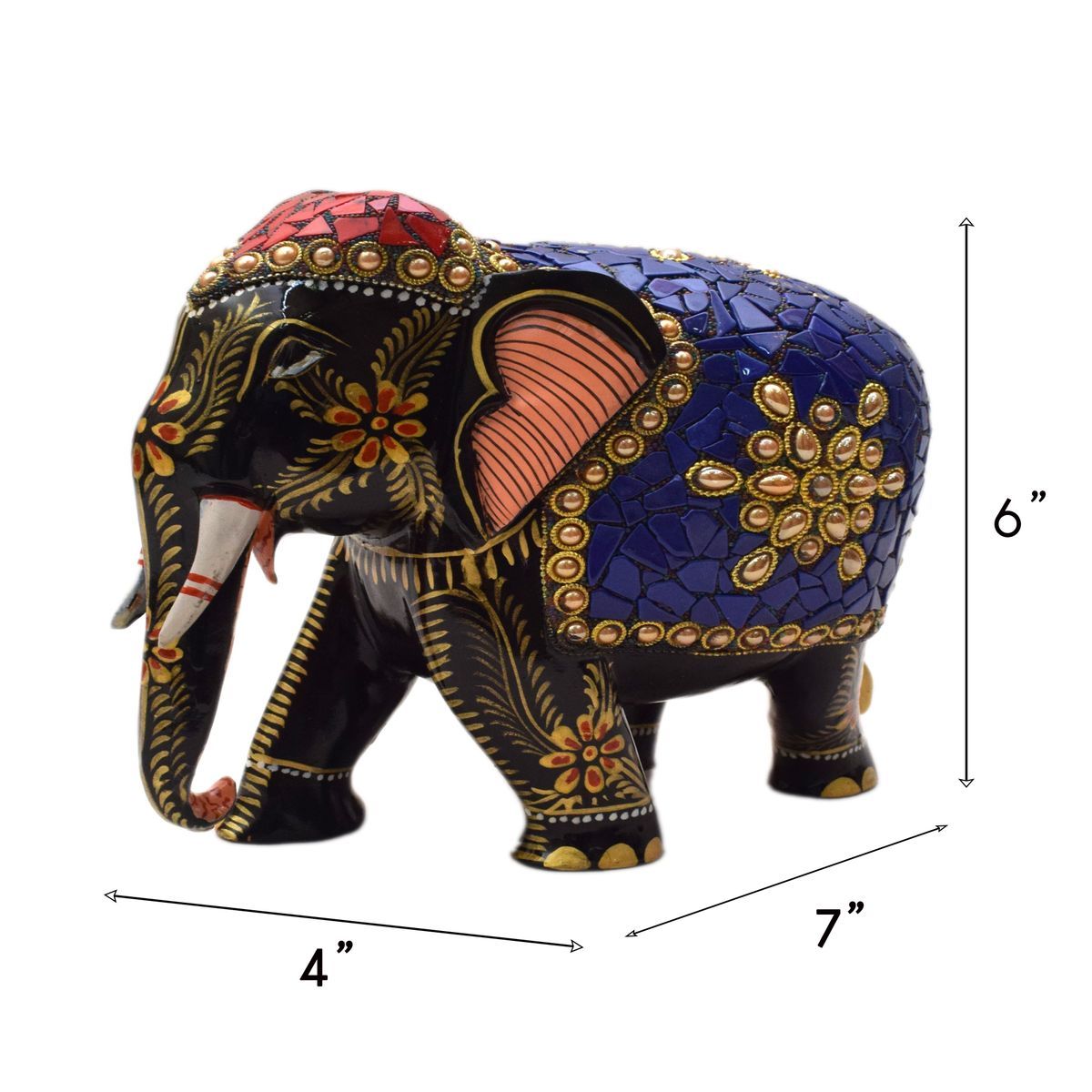 WHITE WOOD HAND PAINTED ELEPHANT WITH STONE WORK