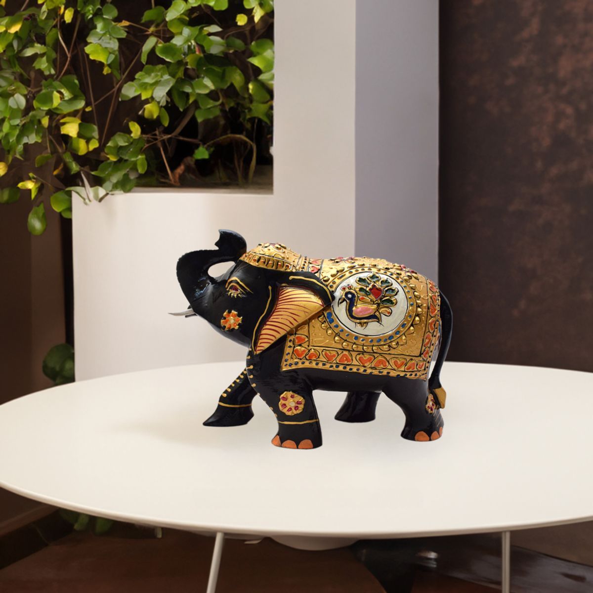 WHITE WOOD HAND PAINTED ELEPHANT