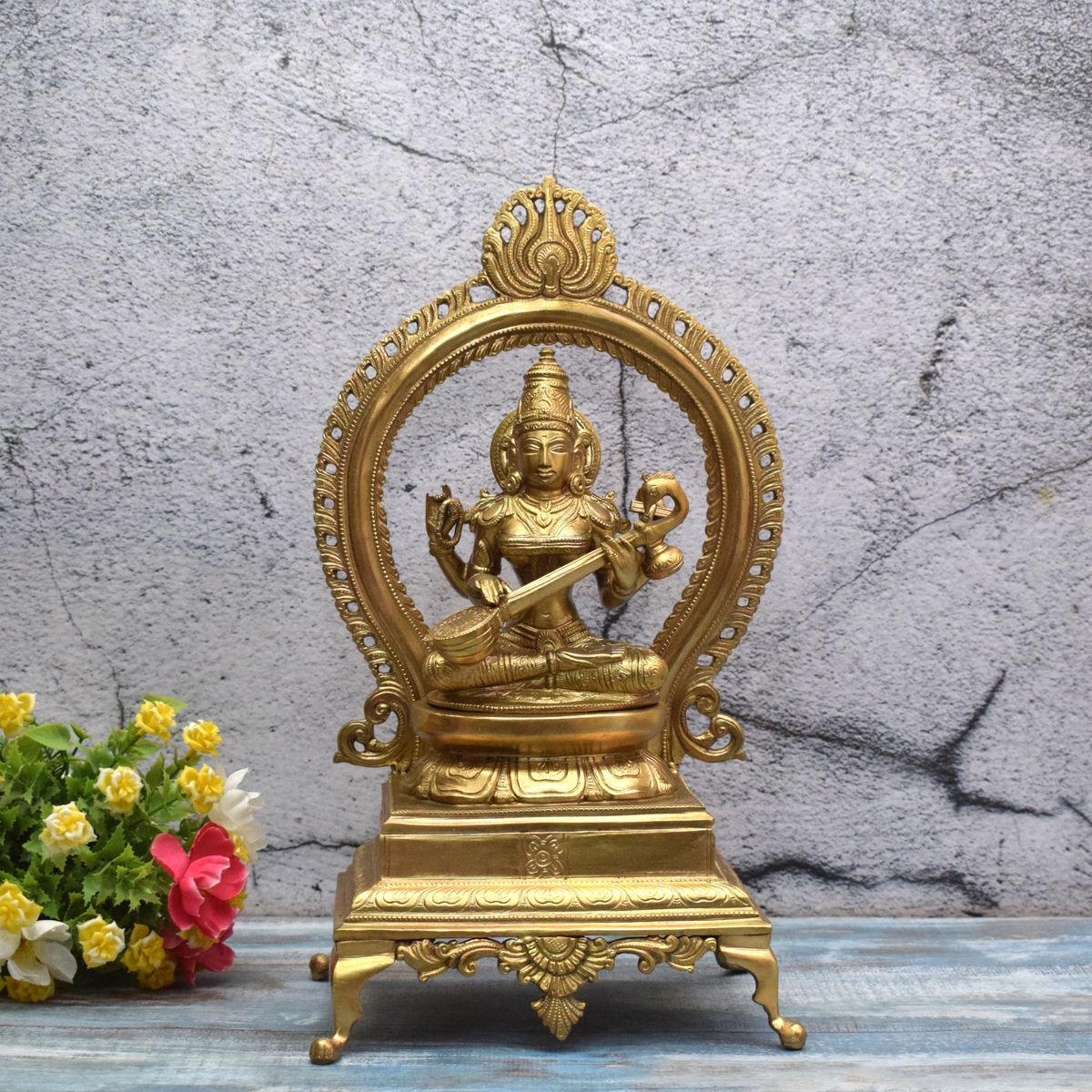 BRONZE SARASWATHI IDOL WITH PRABHAVALI
