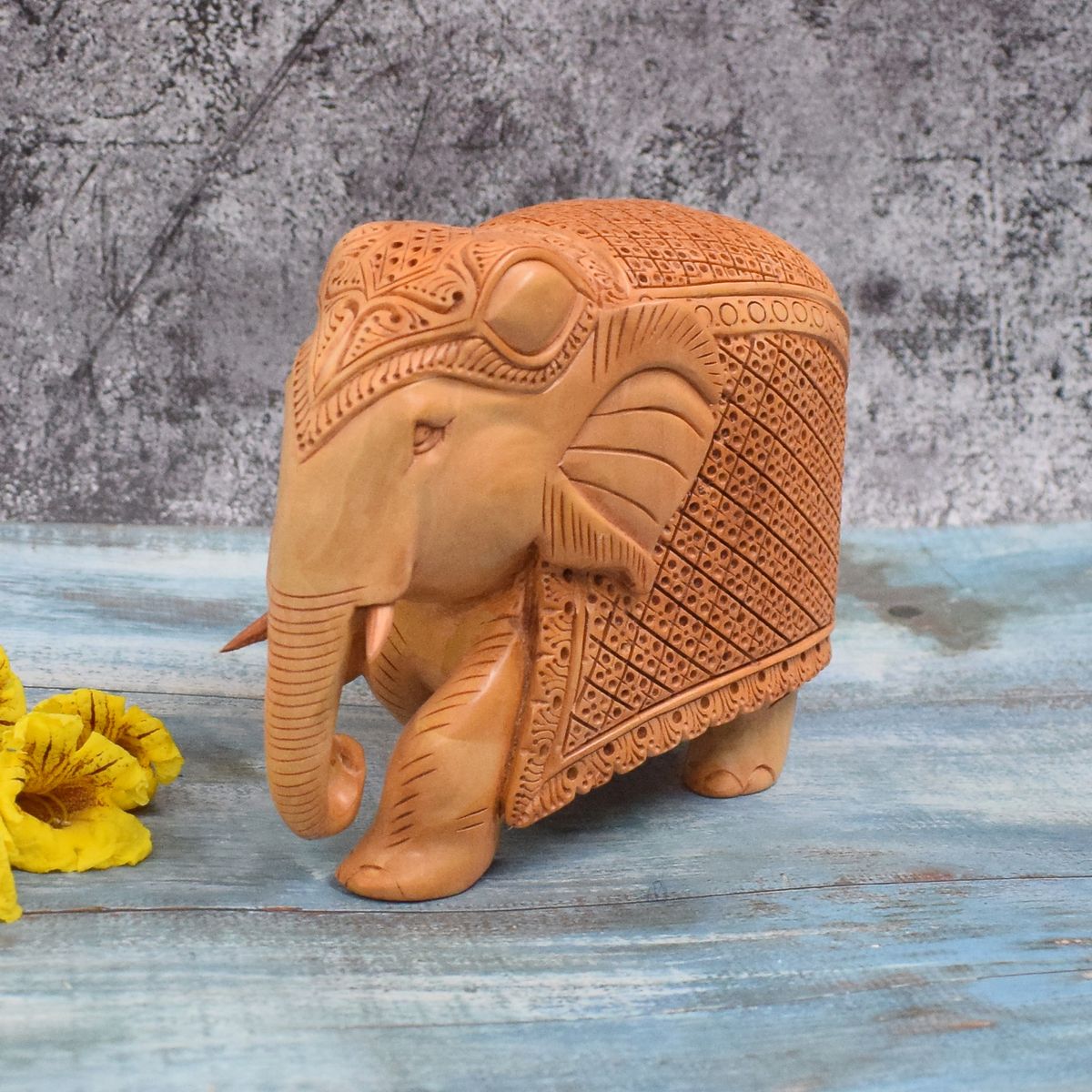 WHITE WOOD CARVING ELEPHANT