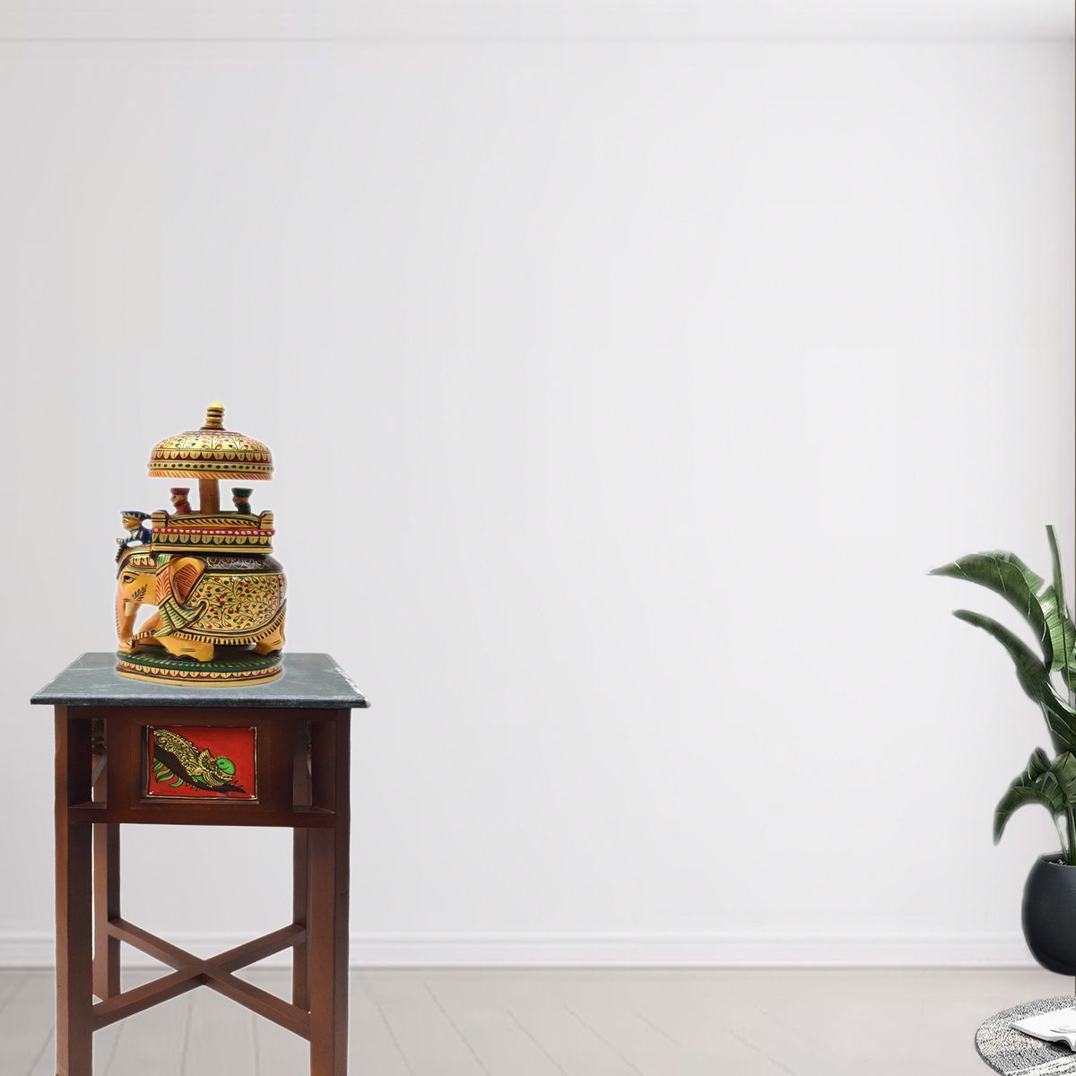 GREEN  MARBLE TOPPED WOODEN STOOL WITH TANJORE PAINTING SMALL
