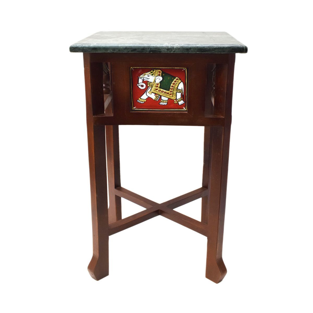 GREEN MARBLE TOPPED WOODEN STOOL WITH TANJORE PAINTING SMALL