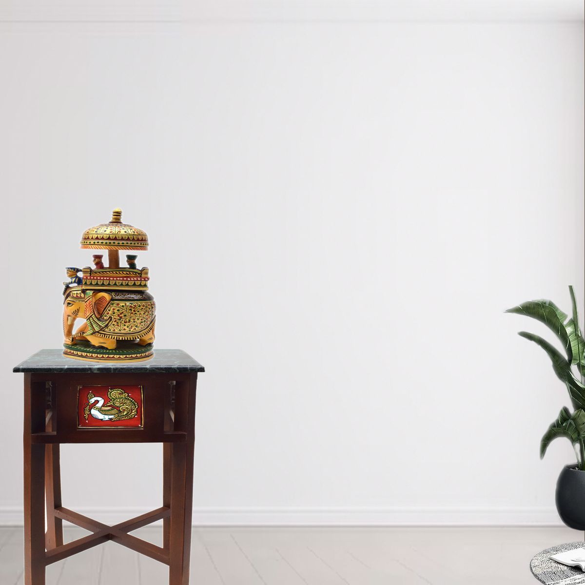 GREEN MARBLE TOPPED WOODEN STOOL WITH TANJORE PAINTING SMALL
