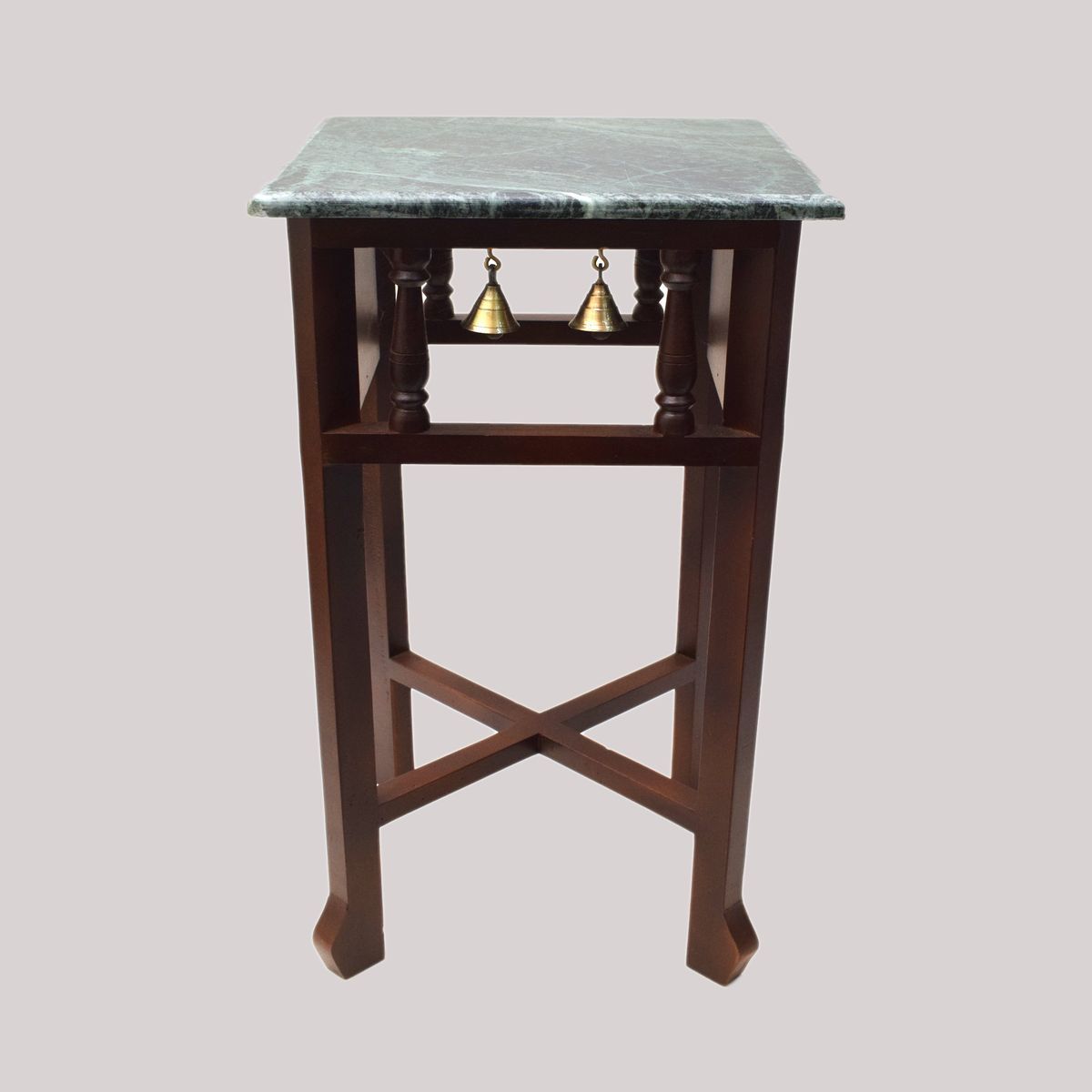 GREEN MARBLE TOPPED WOODEN STOOL WITH TANJORE PAINTING SMALL