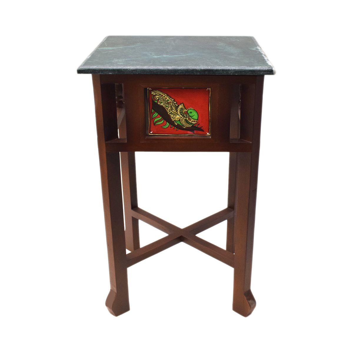 GREEN MARBLE TOPPED WOODEN STOOL WITH TANJORE PAINTING SMALL
