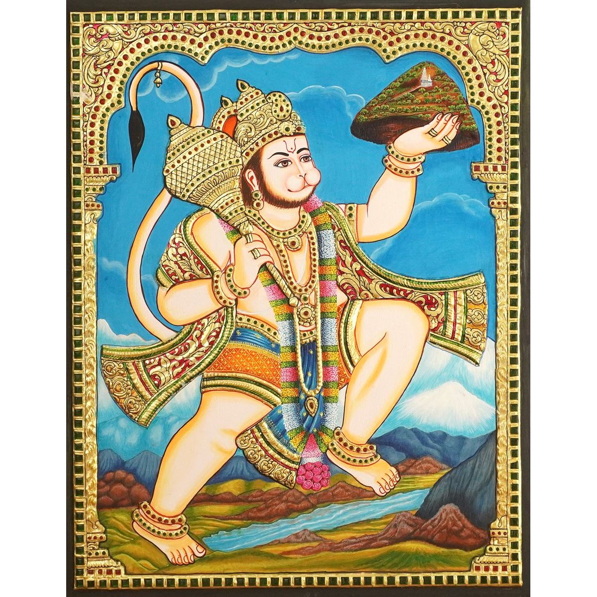 TANJORE PAINTING STANDING HANUMAN WITH SANJEEVINI
